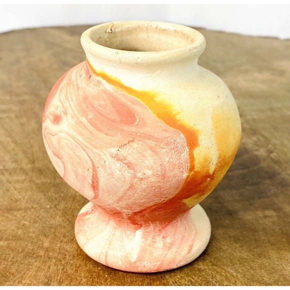 Vintage Nemadji Pottery Miniature Urn Vase Orange Red Swirl Earthenware 3-1/2” - Picture 1 of 8